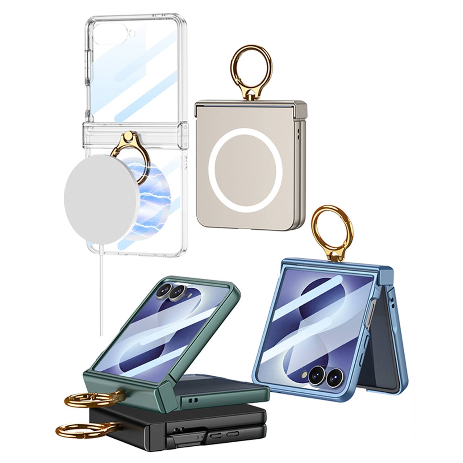 Angle. Dteck - Magnetic Slim Case for Samsung Galaxy Z Flip8 Built-in Screen Protector & Grip Ring Kickstand,Shockproof Hard PC Cover - Blue.