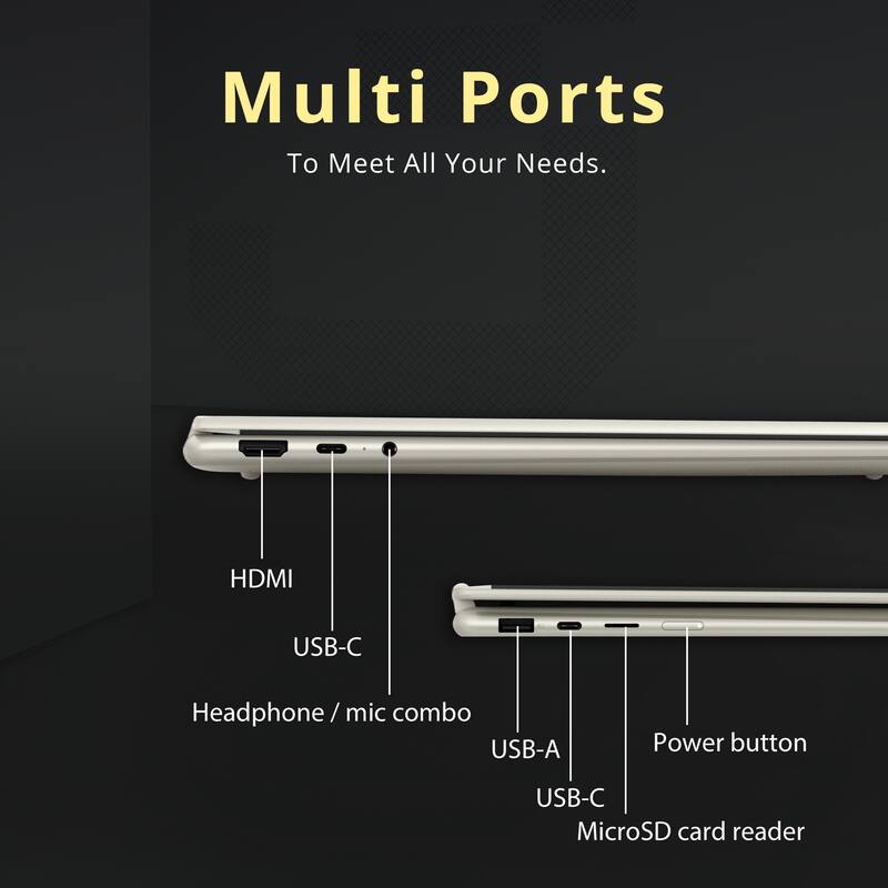 Multi Ports To Meet All Your Needs.  
- HDMI  
- USB-C  
- Headphone / mic combo  
- USB-A  
- Power button  
- USB-C  
- MicroSD card reader
