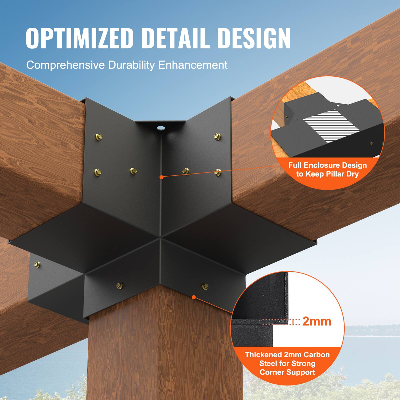 OPTIMIZED DETAIL DESIGN  
Comprehensive Durability Enhancement  

Full Enclosure Design to Keep Pillar Dry  

Thickened 2mm Carbon Steel for Strong Corner Support