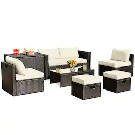 Kadyn - 8 Pcs Patio Space-Saving Rattan Furniture Set with Storage Box and Waterproof Cover - White