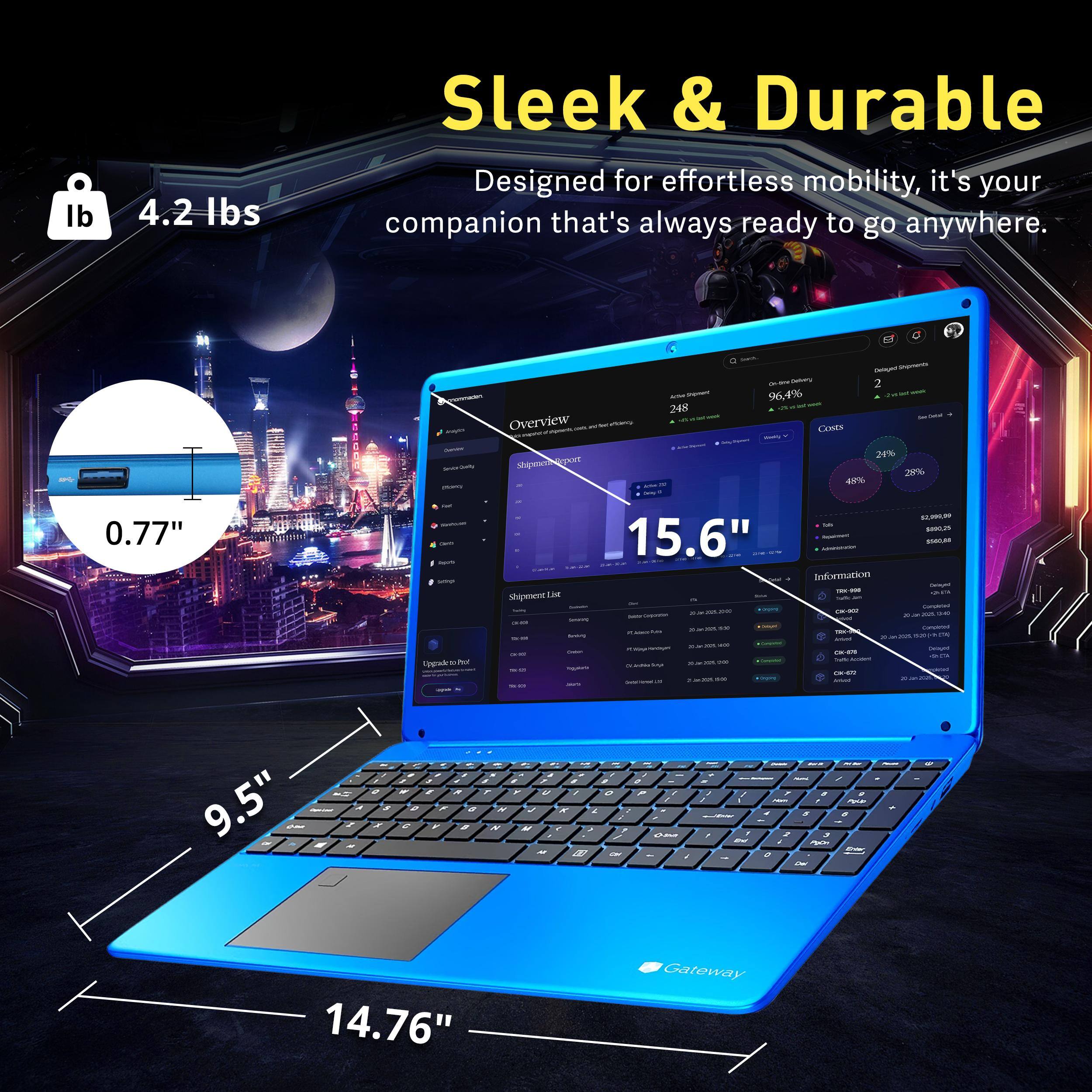 lb
4.2 lbs
Sleek & Durable
Designed for effortless mobility, it's your companion that's always ready to go anywhere.
0.77"
15.6"
9.5"
14.76"