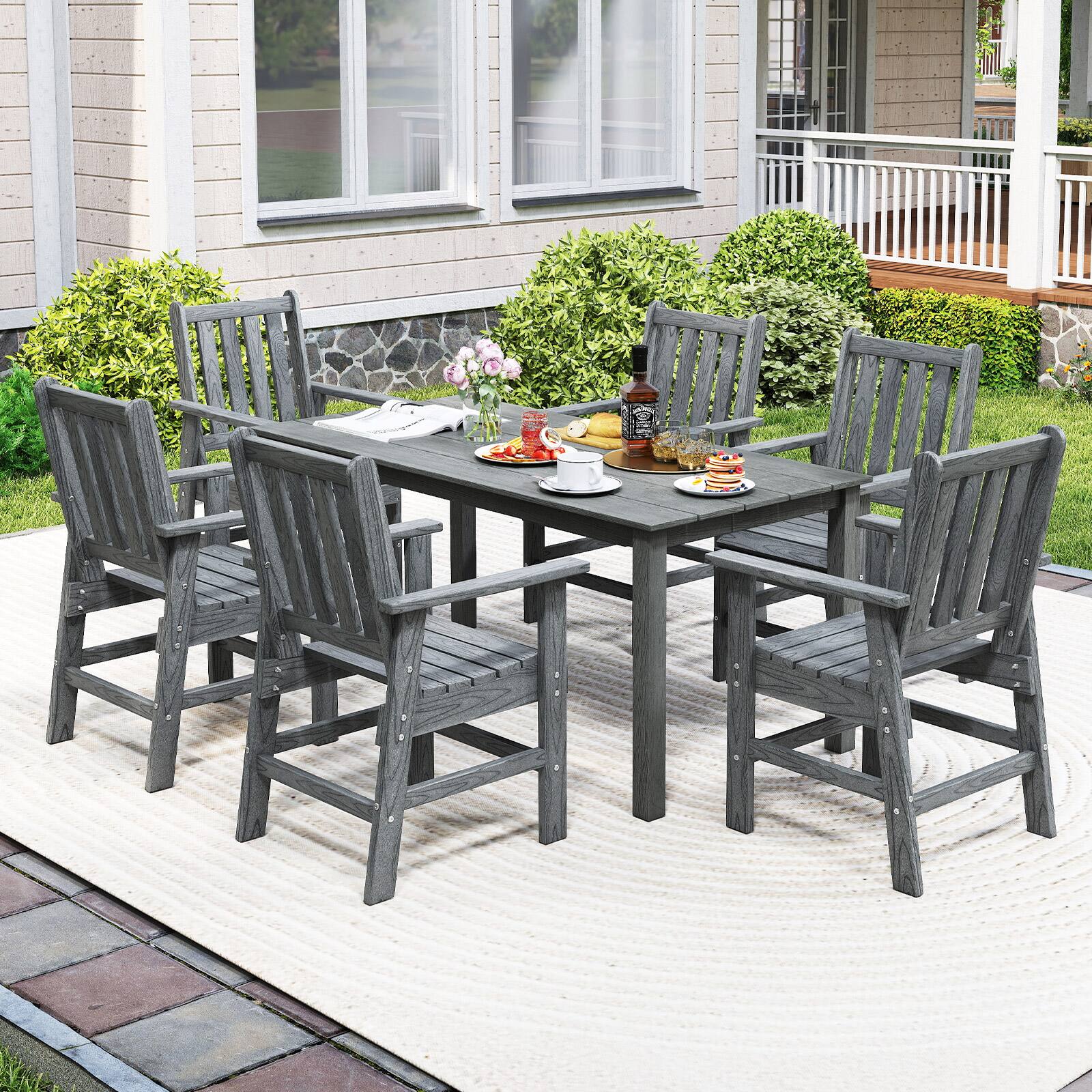 Alt View 5. Gymax - Gymax Patio Dining Chairs Set of 4 w/Wide Armrests Curved Seat Wood Grain for Backyard Gray - Gray.