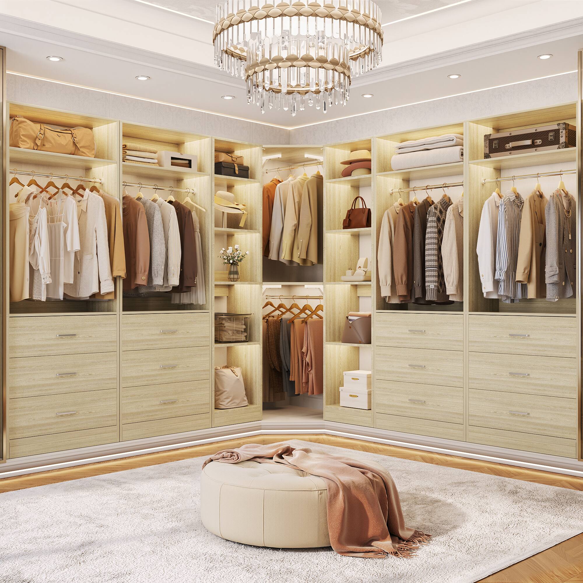 Back. Aheaplus - Reversible L Shaped Corner Walk-in Closet System - 6 Drawers, 20+ Shelves, 4 Hanging Rods, 2500+LBS Load,63.2"L-87.2"L. - White Oak.