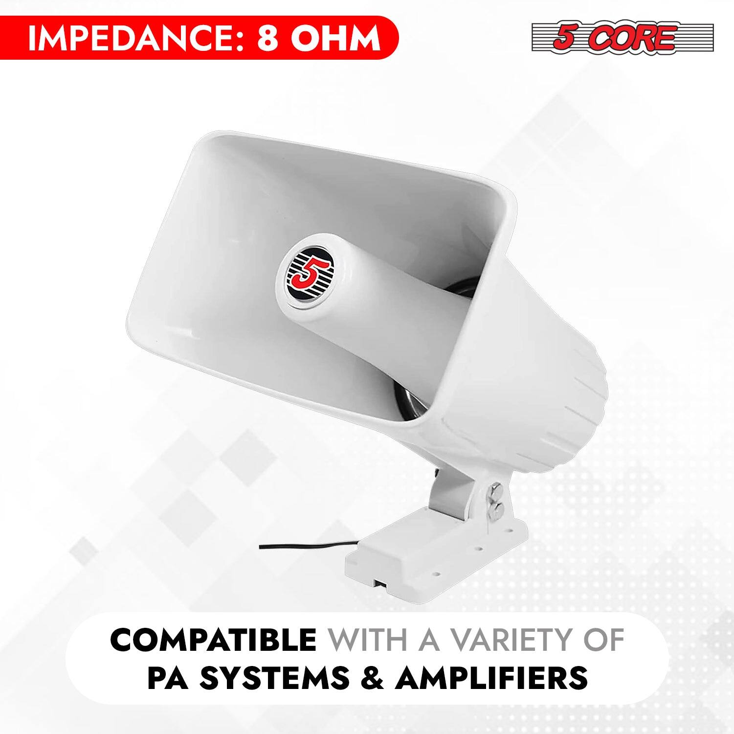 IMPEDANCE: 8 OHM

5 CORE

COMPATIBLE WITH A VARIETY OF PA SYSTEMS & AMPLIFIERS