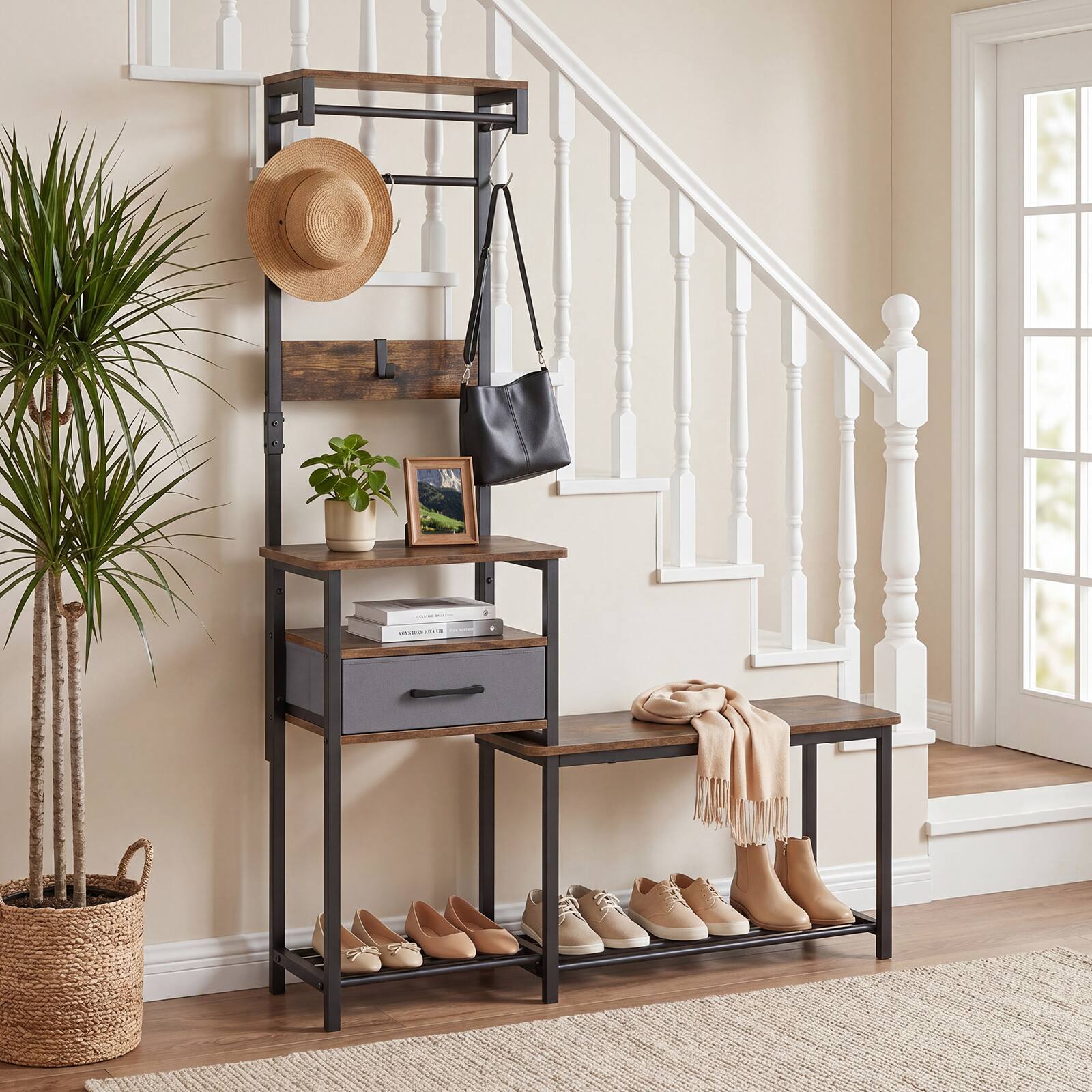 Alt View 1. Costway - Costway 7-in-1 Hall Tree with Shoe Bench, Freestanding Coat Rack with Hooks, Shoe Rack - Rustic Brown + Black.
