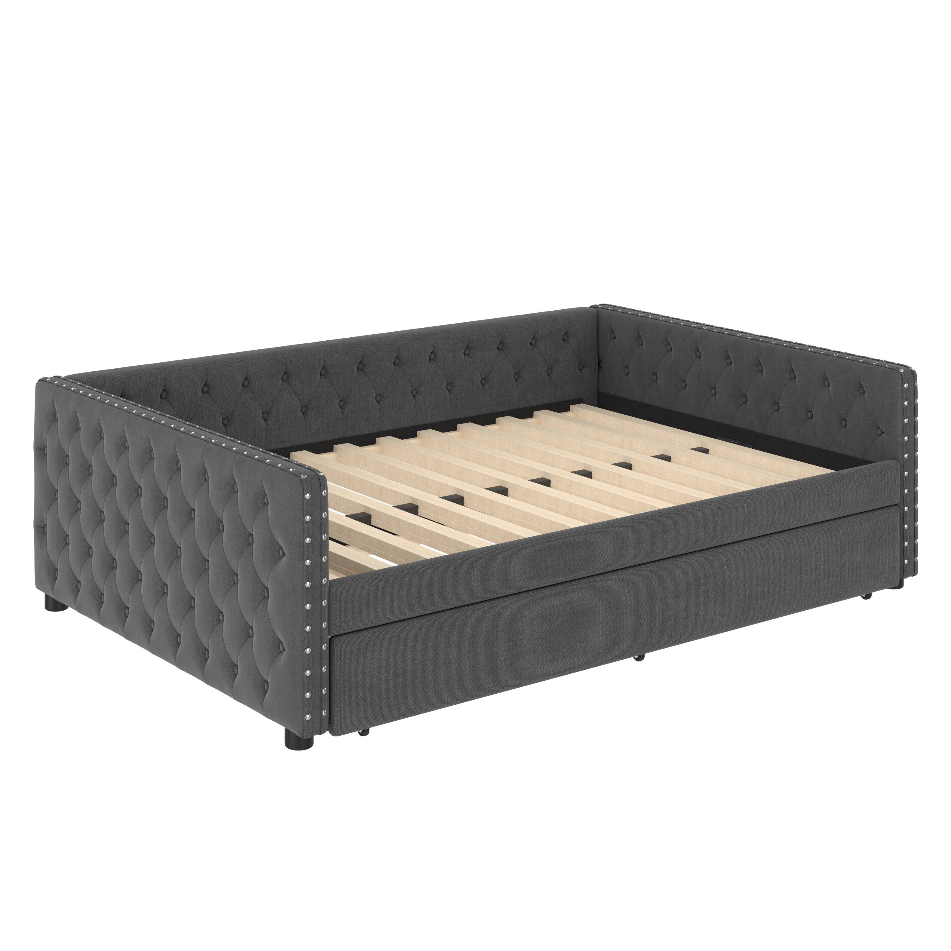 Back. Tiramisubest - Full Size Daybed, Upholstered Tufted Sofa Bed with Trundle,  Full Daybed with Twin Trundle, Gray - Gray.
