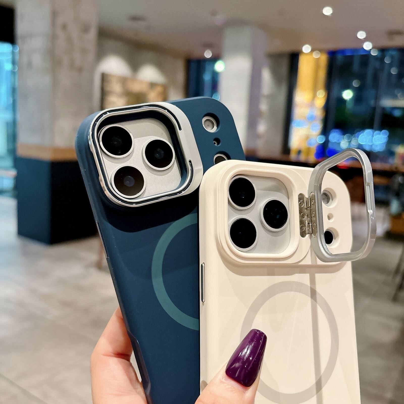 Left. Dteck - Liquid Silicone Case for Apple iPhone 17 Pro Max with Foldable Lens Stand, Slim Magnetic Shockproof TPU Protective Cover - White.