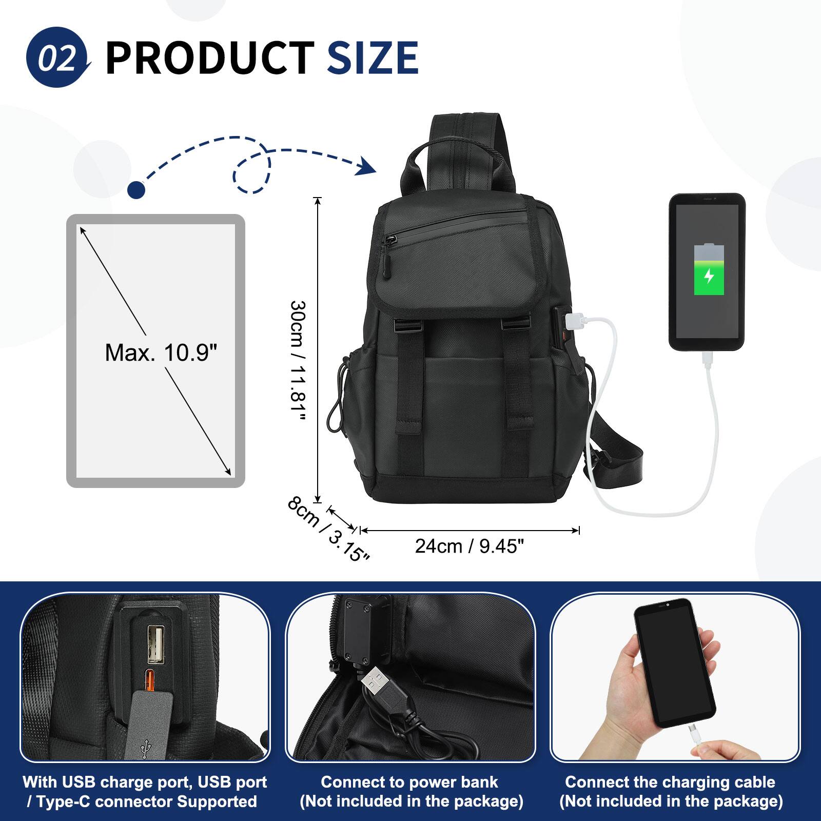02 PRODUCT SIZE

Max. 10.9" / 30cm  
30cm / 11.81"  
8cm / 3.15"  
24cm / 9.45"

With USB charge port, USB port / Type-C connector Supported

Connect to power bank (Not included in the package)

Connect the charging cable (Not included in the package)