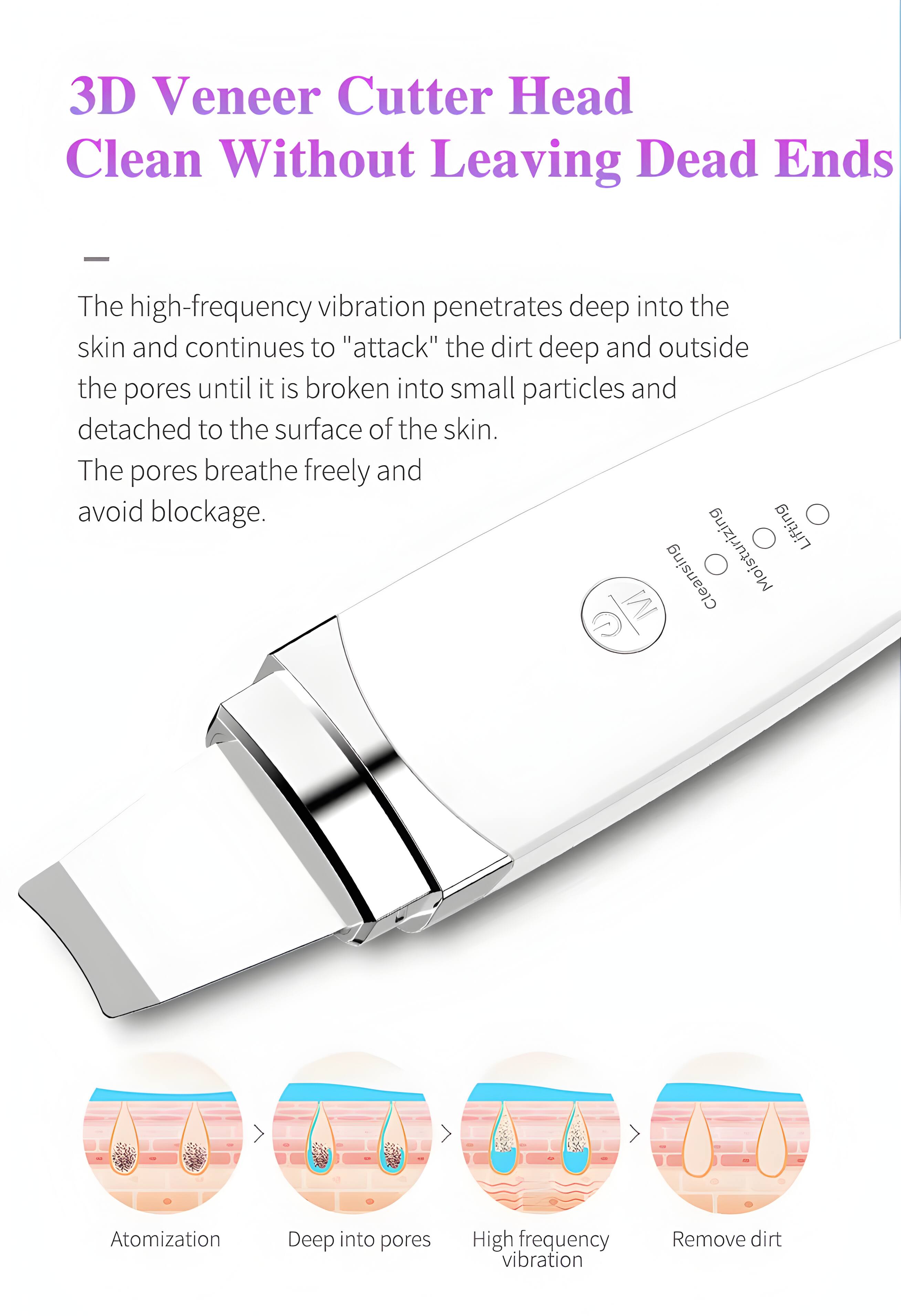 3D Veneer Cutter Head Clean Without Leaving Dead Ends

The high-frequency vibration penetrates deep into the skin and continues to "attack" the dirt deep and outside the pores until it is broken into small particles and detached to the surface of the skin. The pores breathe freely and avoid blockage.

Moisturizing Lifting Cleansing M Atomization Deep into pores High frequency vibration Remove dirt