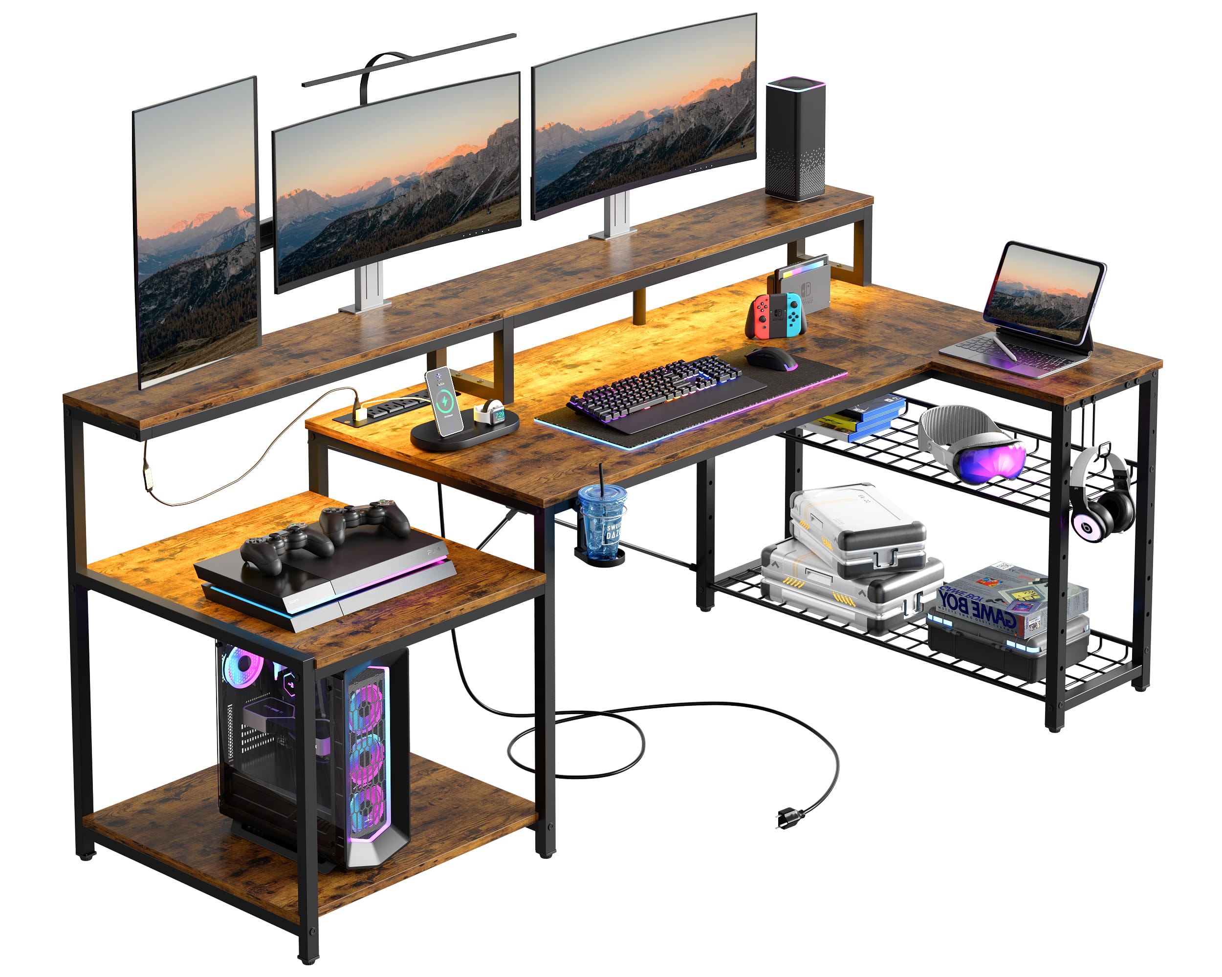 The image features a wooden desk with a variety of electronic devices and accessories. There are two laptops, one on the left side of the desk and another on the right side. A keyboard is also present on the desk, along with a mouse. Additionally, there are two cell phones, one placed near the center of the desk and the other towards the right side. A TV is mounted on the wall above the desk, and a computer monitor is situated on the left side of the desk. There are also two books, one on the left side and the other on the right side of the desk.