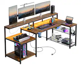 Bestier - 71.5inch L-Shaped Gaming Desk with Integrated LED Lighting and Power Outlet - Brown
