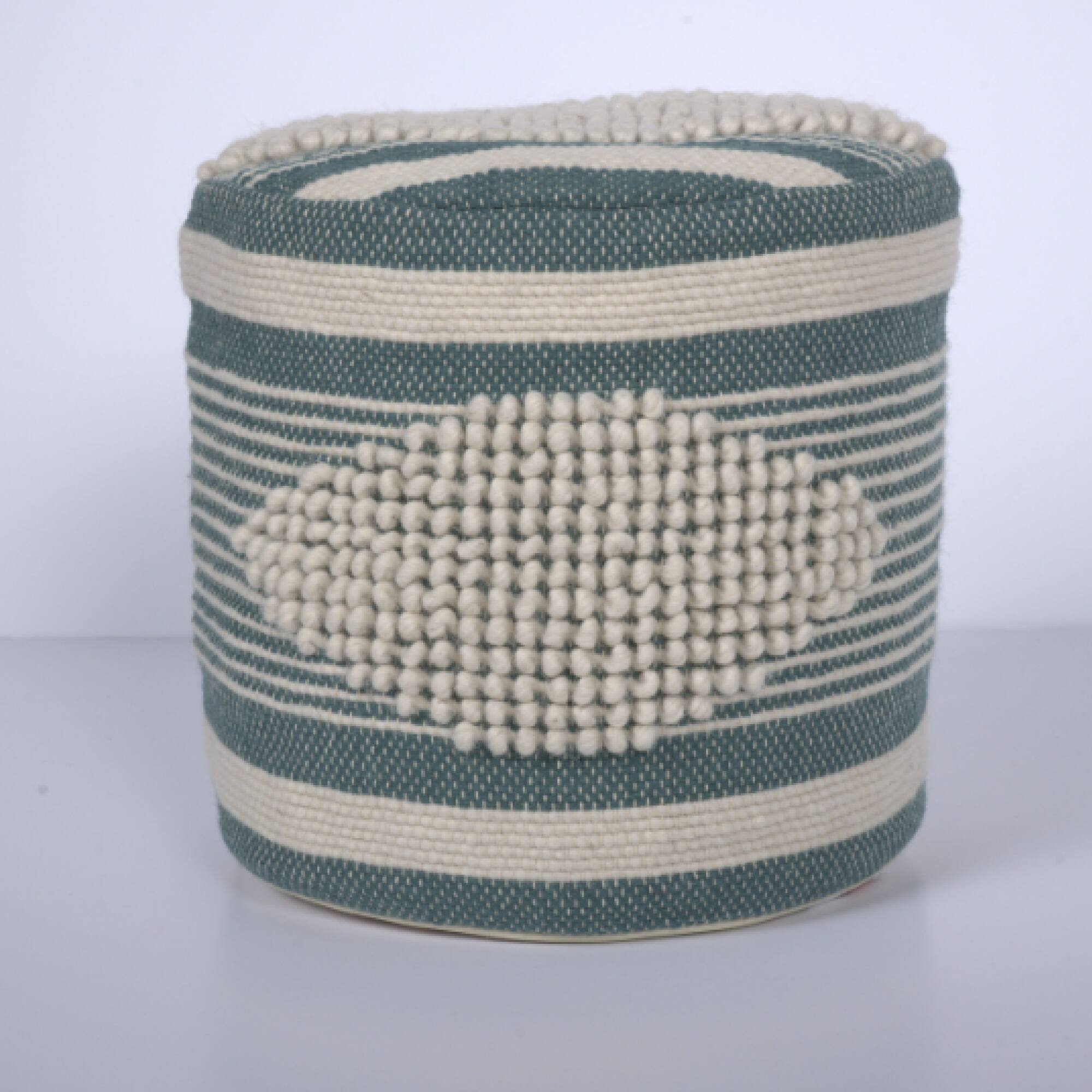 Left. GOODSILO - Handcrafted Fabric Cylindrical Pouf with Stylish Design and Durable Construction - Teal.