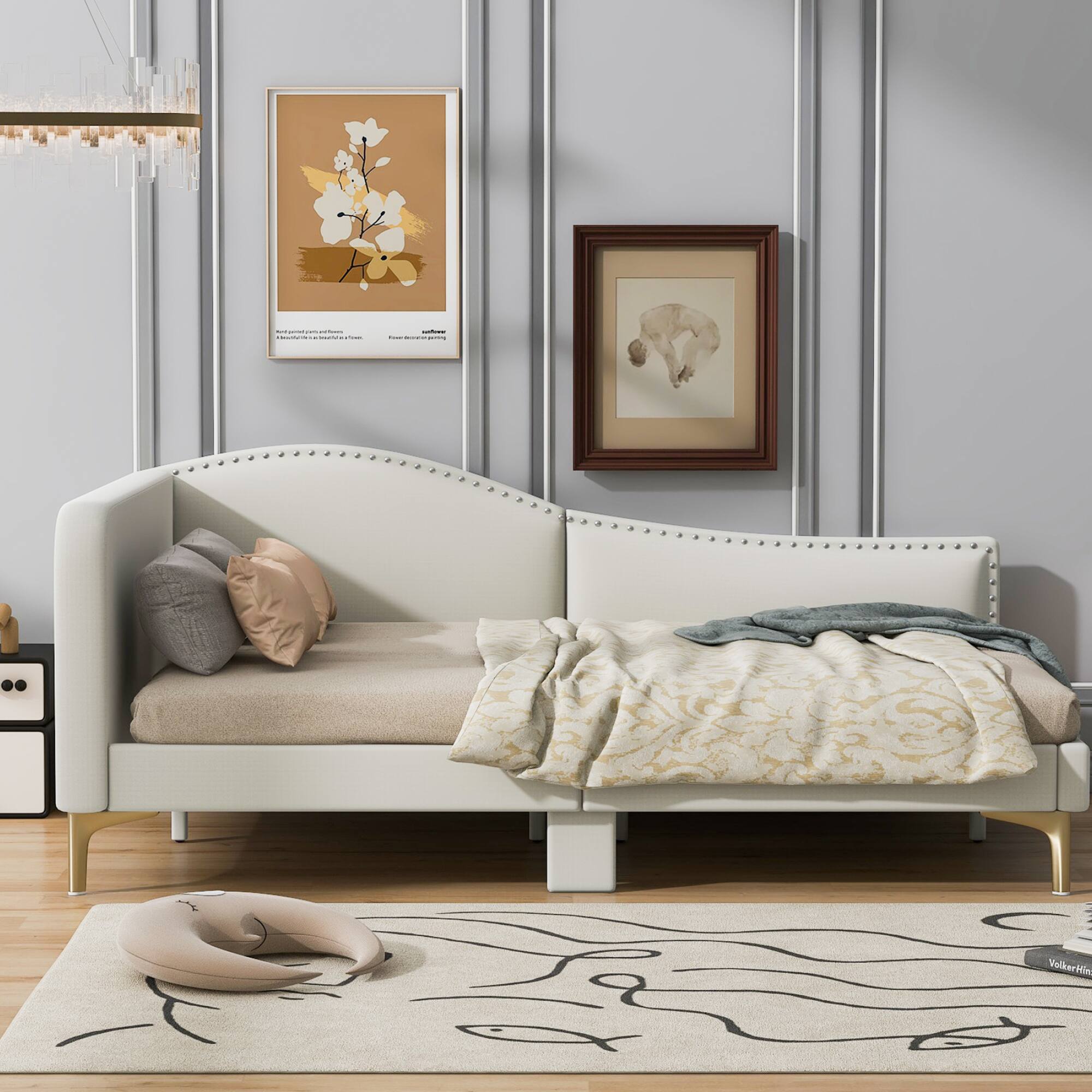 Alt View 2. GOODSILO - Full Size Upholstered Daybed with Headboard and Armrest, Support Legs - Beige.