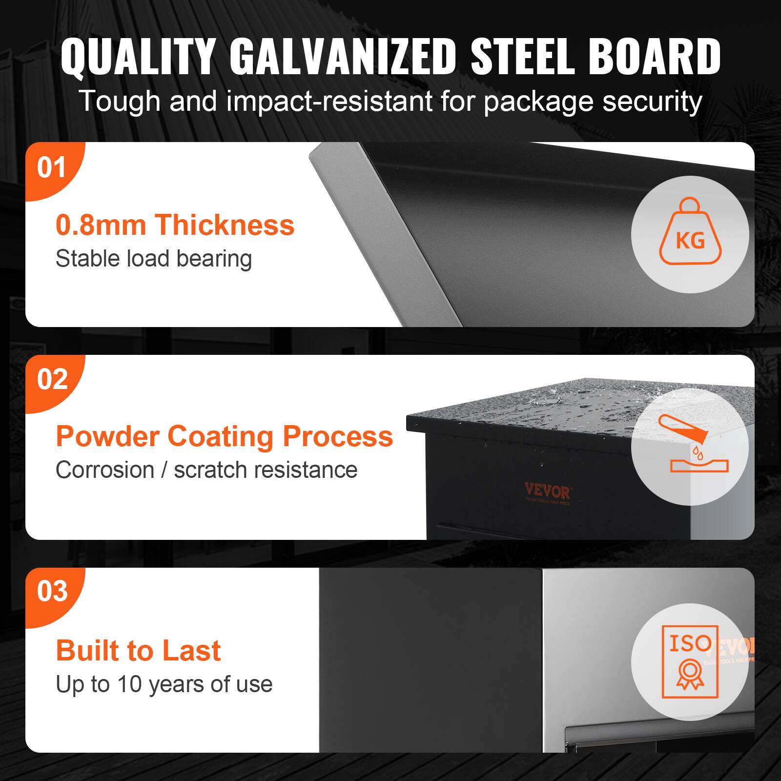 QUALITY GALVANIZED STEEL BOARD

Tough and impact-resistant for package security

01 0.8mm Thickness
Stable load bearing

02 Powder Coating Process
Corrosion / scratch resistance

03 Built to Last
Up to 10 years of use

ISO EVOI - ONA M