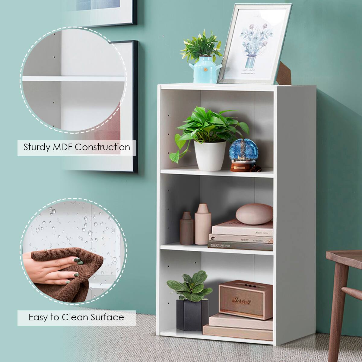 The text on the image reads: "Sturdy MDF Construction Easy to Clean Surface."