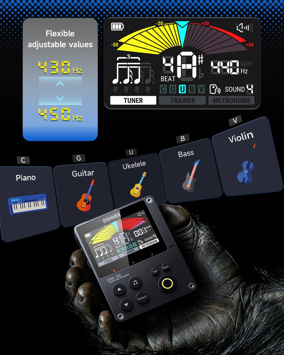 Flexible adjustable values Hz -50 3 & TUNER -20 +20 +50 # bpm Hz BEAT C G U B V SOUND TRAINER METRONOME  
Piano Hz G Guitar U Ukelele Bass V Violin  
- ... 4 DONNER bpm M UU SOUND E 2 I B V METRONOME C G 2 TRAINER  
TUNER Souice TAP 100 METRONOME DBM FUNER Select