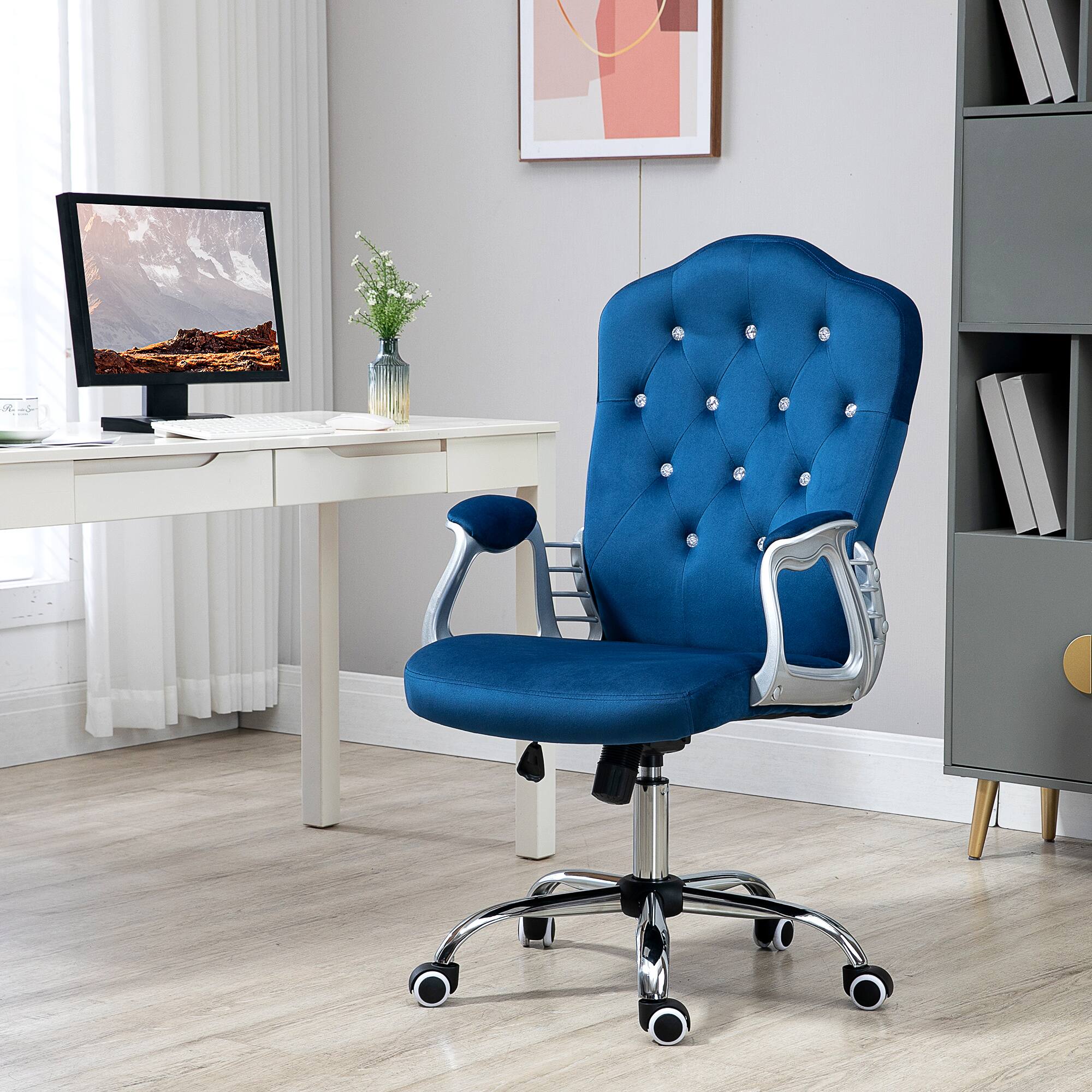 Alt View 1. Vinsetto - Button Tufted Velvet Office Chair with Adjustable Height, Tilt - Blue.