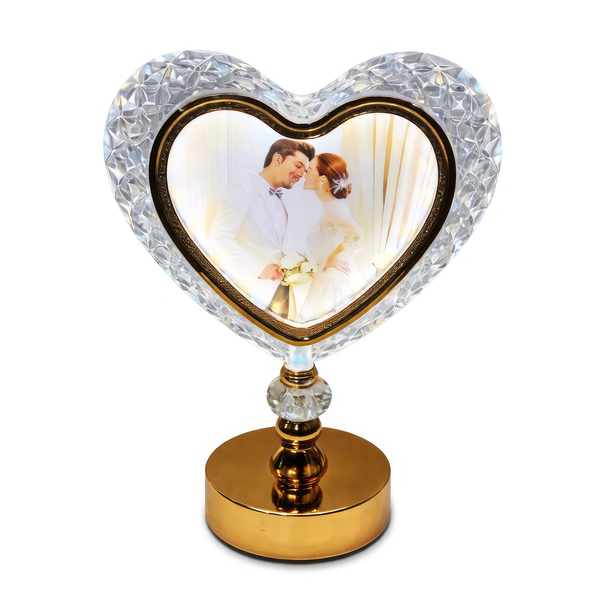 Angle. FC Design - 13"H Golden Base Heart Photo Frame Touch Lamp, 3-Color LED Decorative Light Accent.
