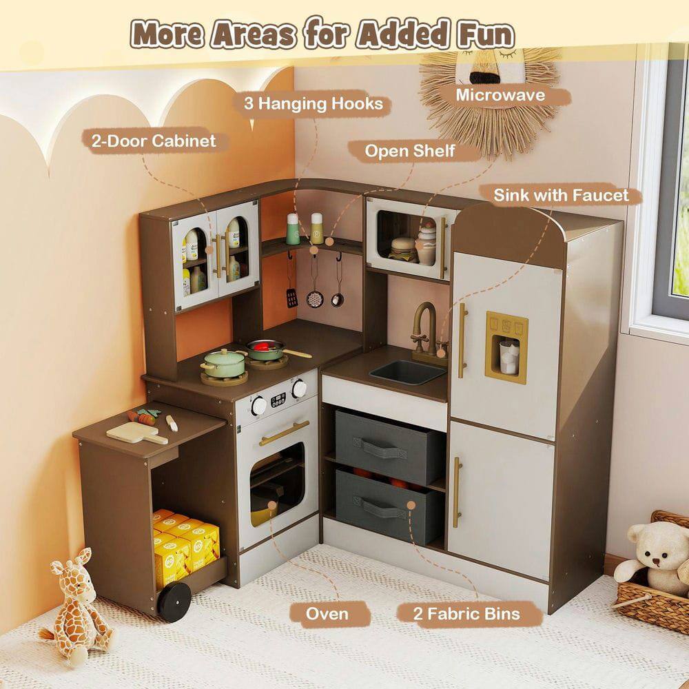 More Areas for Added Fun  
- 3 Hanging Hooks  
- Microwave  
- 2-Door Cabinet  
- Open Shelf  
- Sink with Faucet  
- Oven  
- 2 Fabric Bins