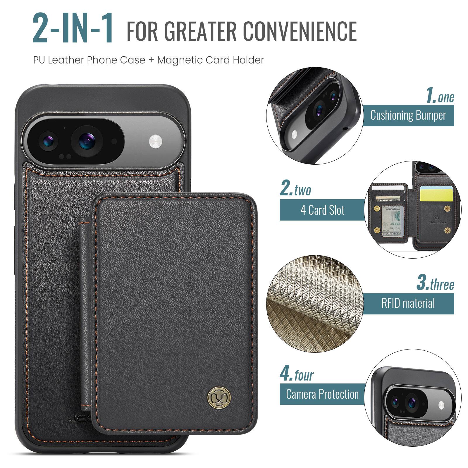 2-IN-1 FOR GREATER CONVENIENCE  
PU Leather Phone Case + Magnetic Card Holder  

1. one  
Cushioning Bumper  

2. two  
4 Card Slot  

3. three  
RFID material  

4. four  
Camera Protection