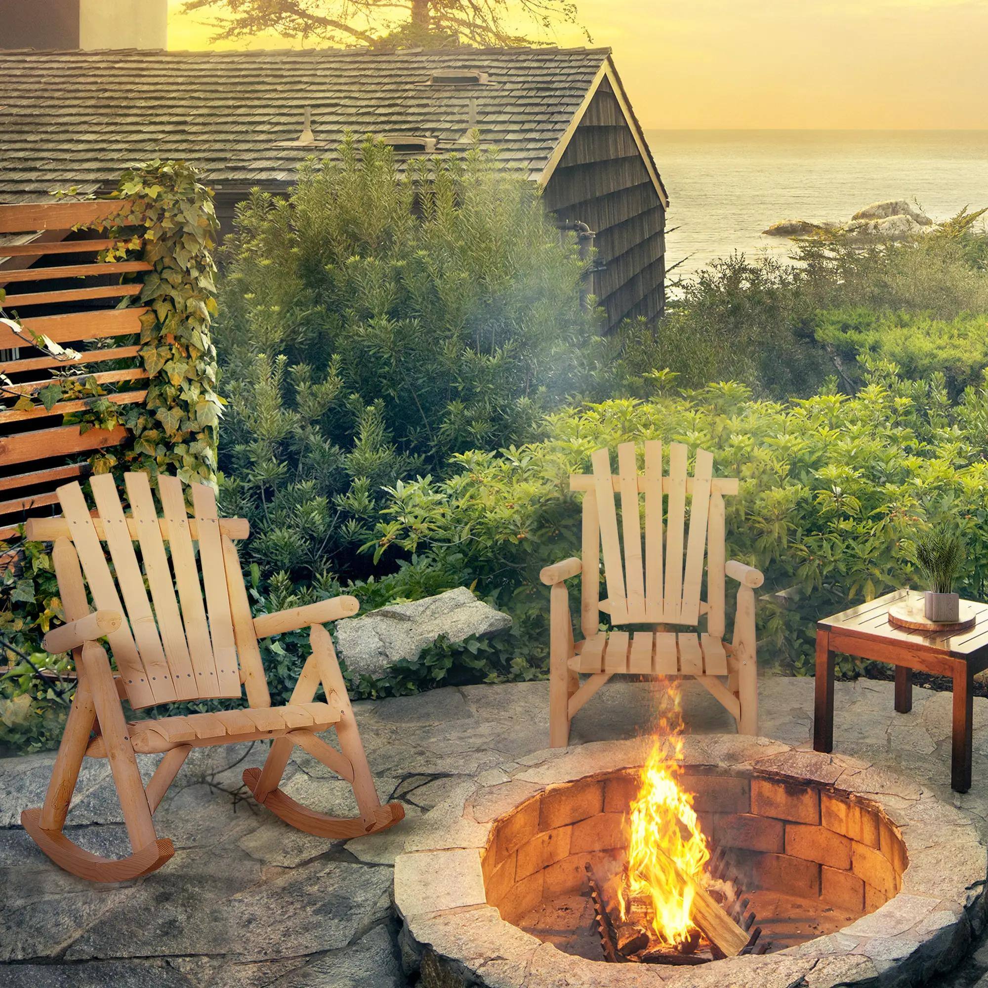 Left. Resenkos - Resenkos Adirondack Single-Person Rocking Chair, Natural Slatted Seat, High-Back, Armrests, Natural Wood - Natural Wood.