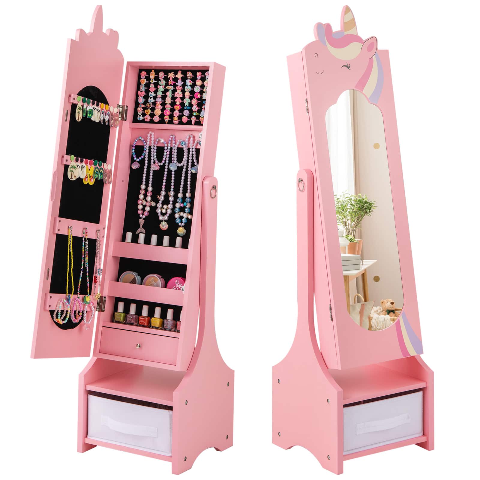 Costway - Kids Jewelry Cabinet with Full-Length Mirror 2 Adjustable Tilt Angles Drawer - Pink
