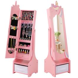 Costway - Kids Jewelry Cabinet with Full-Length Mirror 2 Adjustable Tilt Angles Drawer - Pink