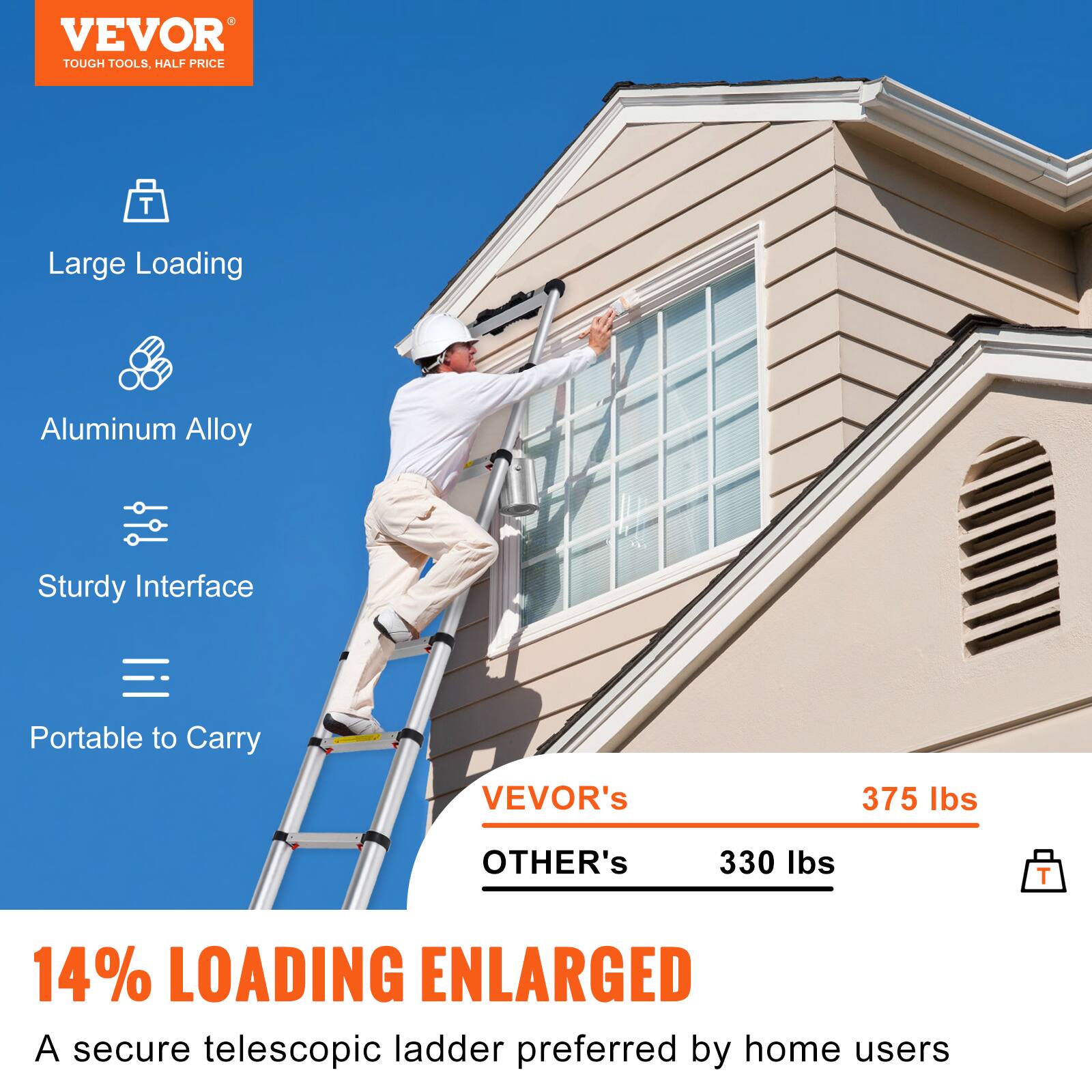 VEVOR TOUGH TOOLS. HALF PRICE

- Large Loading
- Aluminum Alloy
- Sturdy Interface
- Portable to Carry

VEVOR's 375 lbs  
OTHER's 330 lbs

14% LOADING ENLARGED  
A secure telescopic ladder preferred by home users