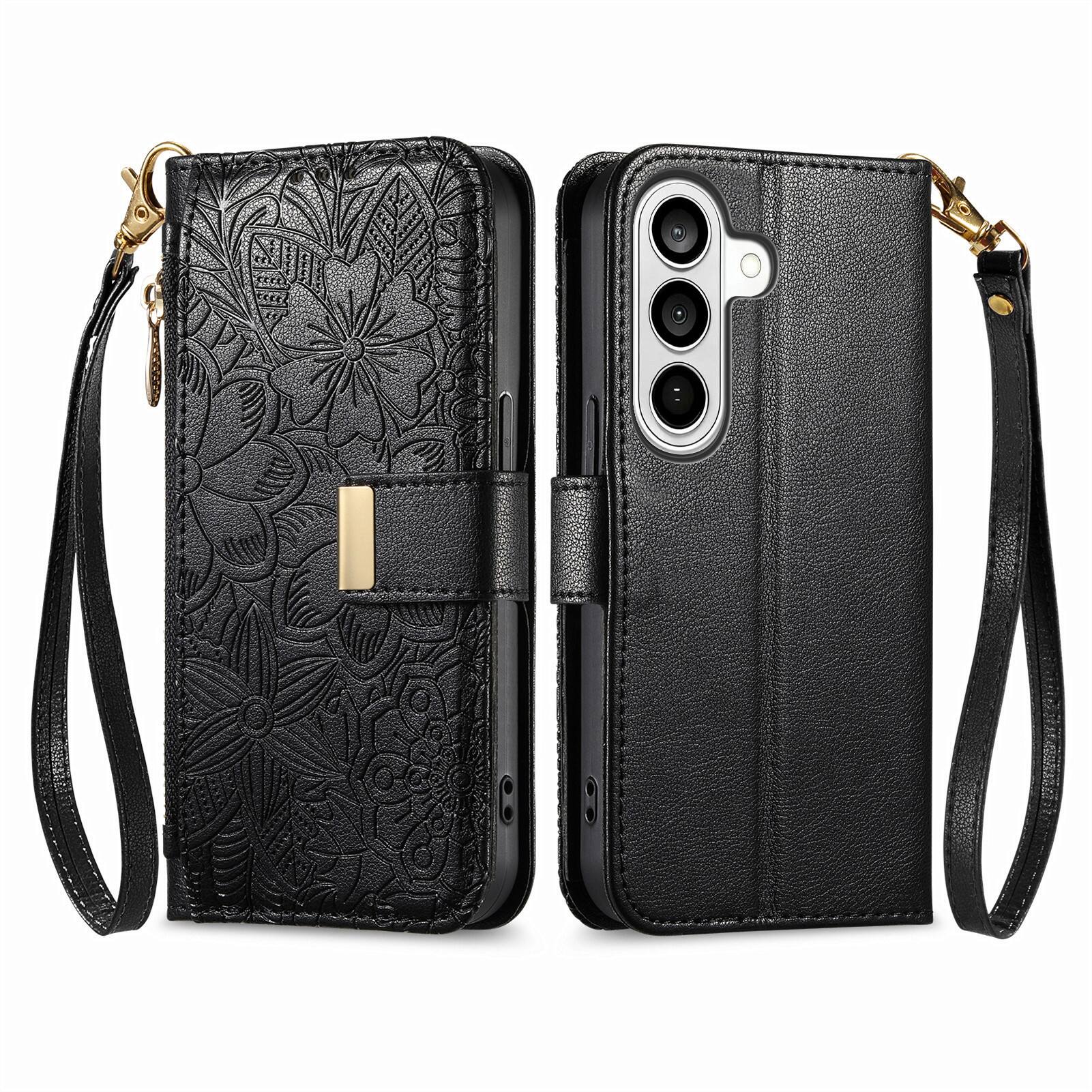 Angle. UUCOVER - Floral PU Leather Wallet Case for Samsung Galaxy S26 with Zipper Pocket, Cash Card Slot Holder, Shoulder & Wrist Strap - Black.