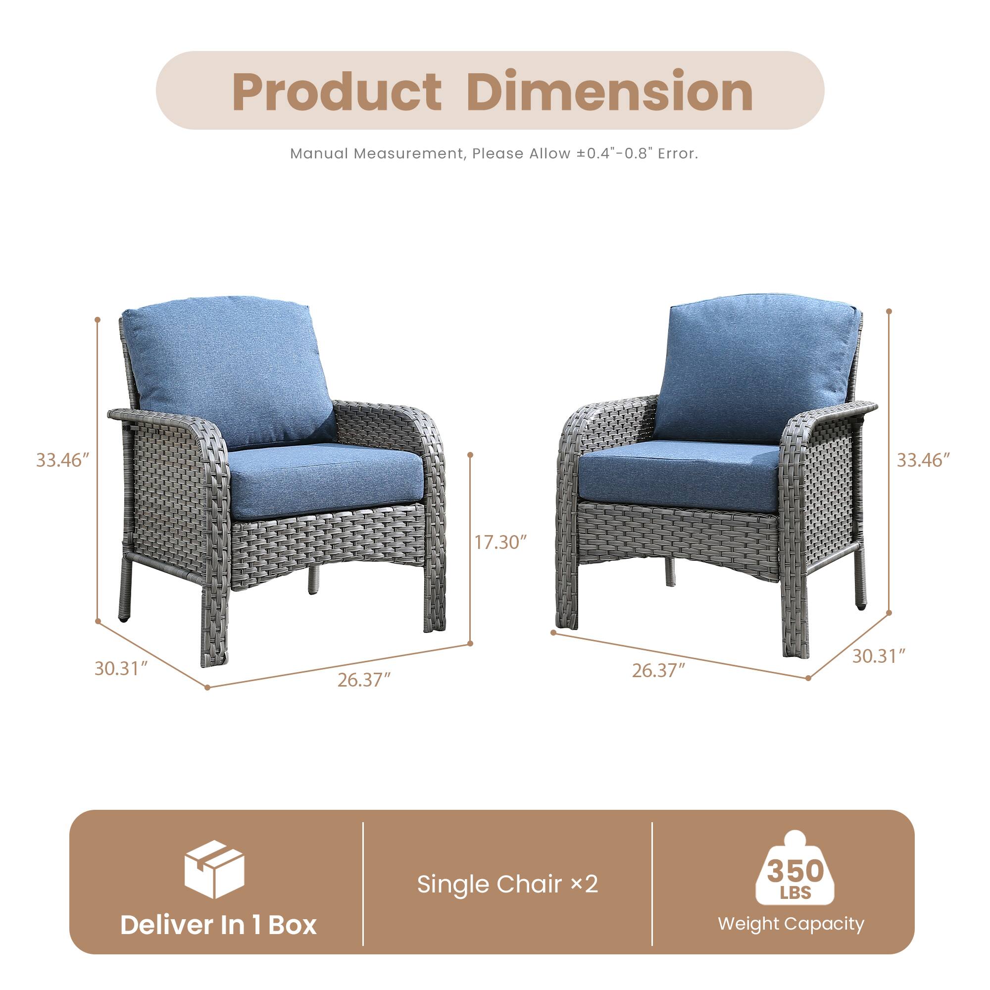 Product Dimension  
Manual Measurement, Please Allow ±0.4"-0.8" Error.  

33.46"  
33.46"  
17.30"  
30.31"  
26.37"  
26.37"  
30.31"  

Deliver In 1 Box  
Single Chair x2  
350 LBS Weight Capacity