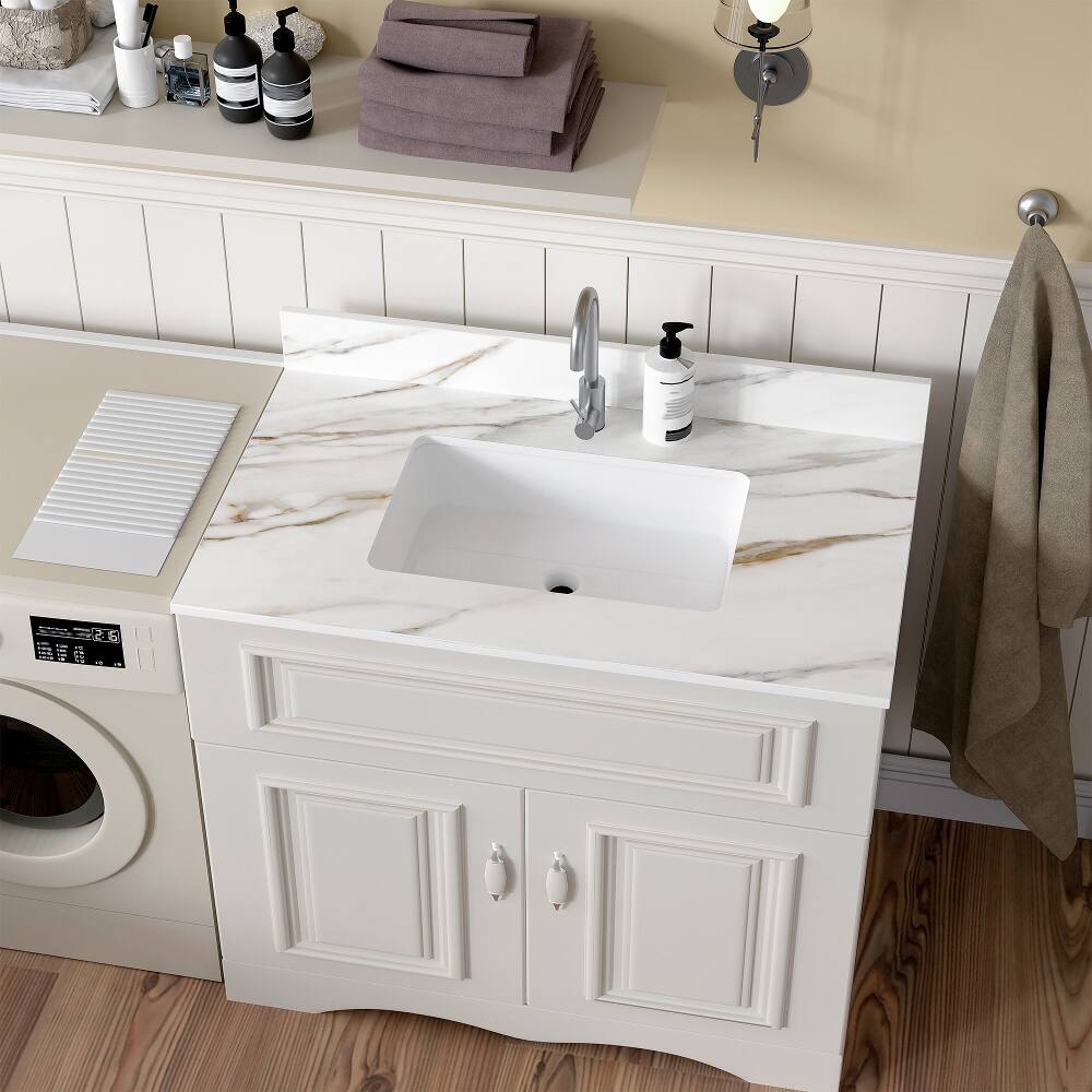 Alt View 4. Loheer - Loheer 37 inch marble vanity top Carrara white with veins - White.