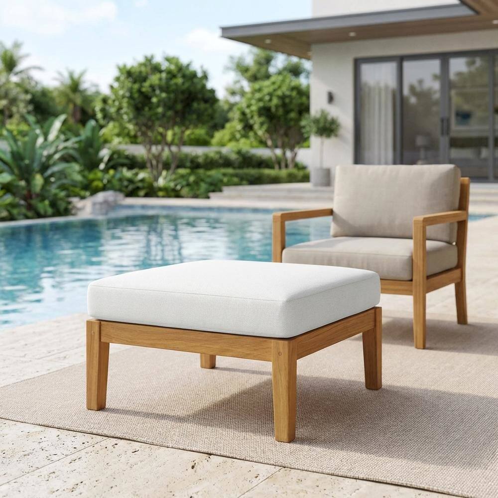 Left. Outdoor Escape - Teak Outdoor Ottoman with Stylish Design and Durable Construction - White.