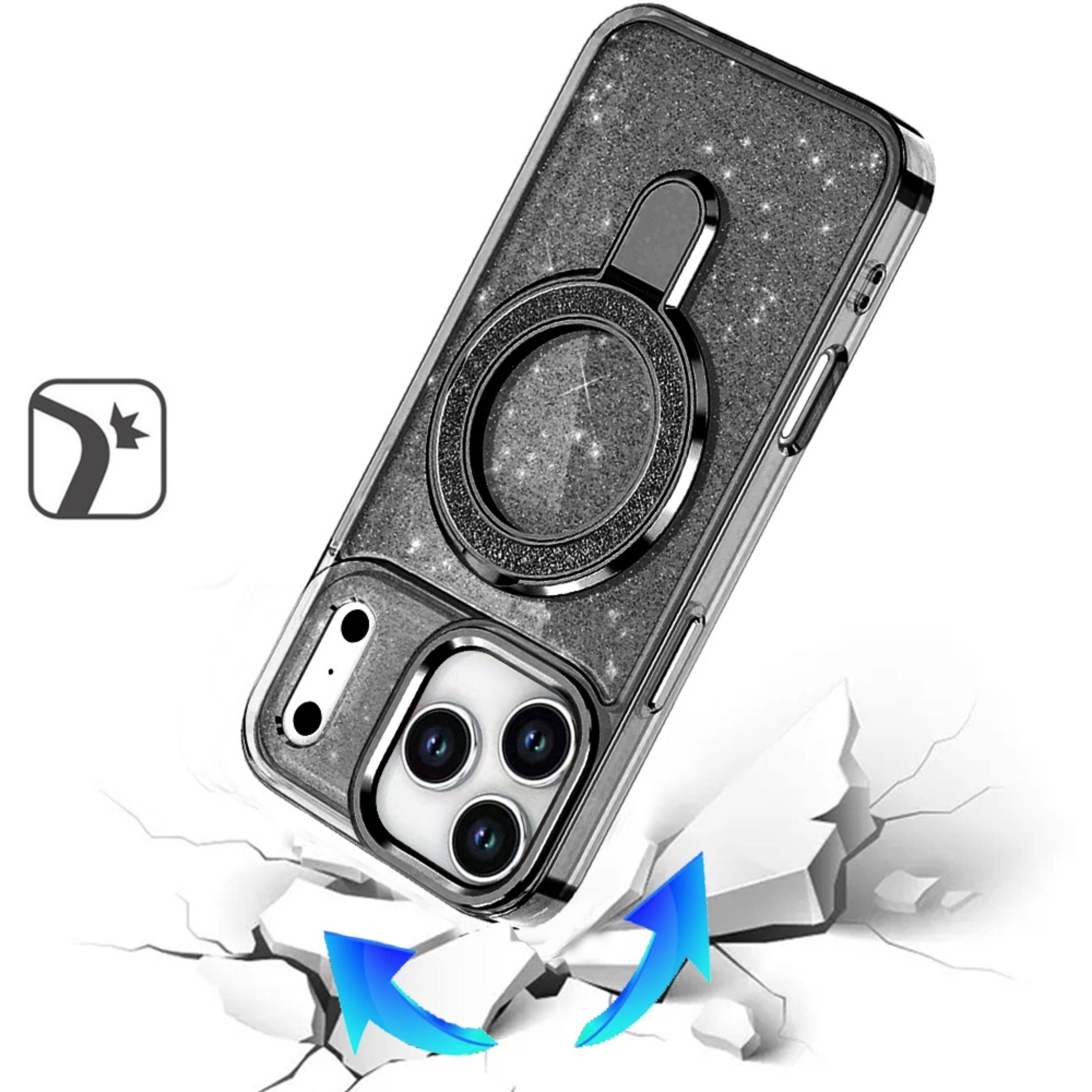 Left. Kitcheniva - Full Glitter Magnetic Stand Case With Tempered Glass For iPhone 17 Pro Black - Black.