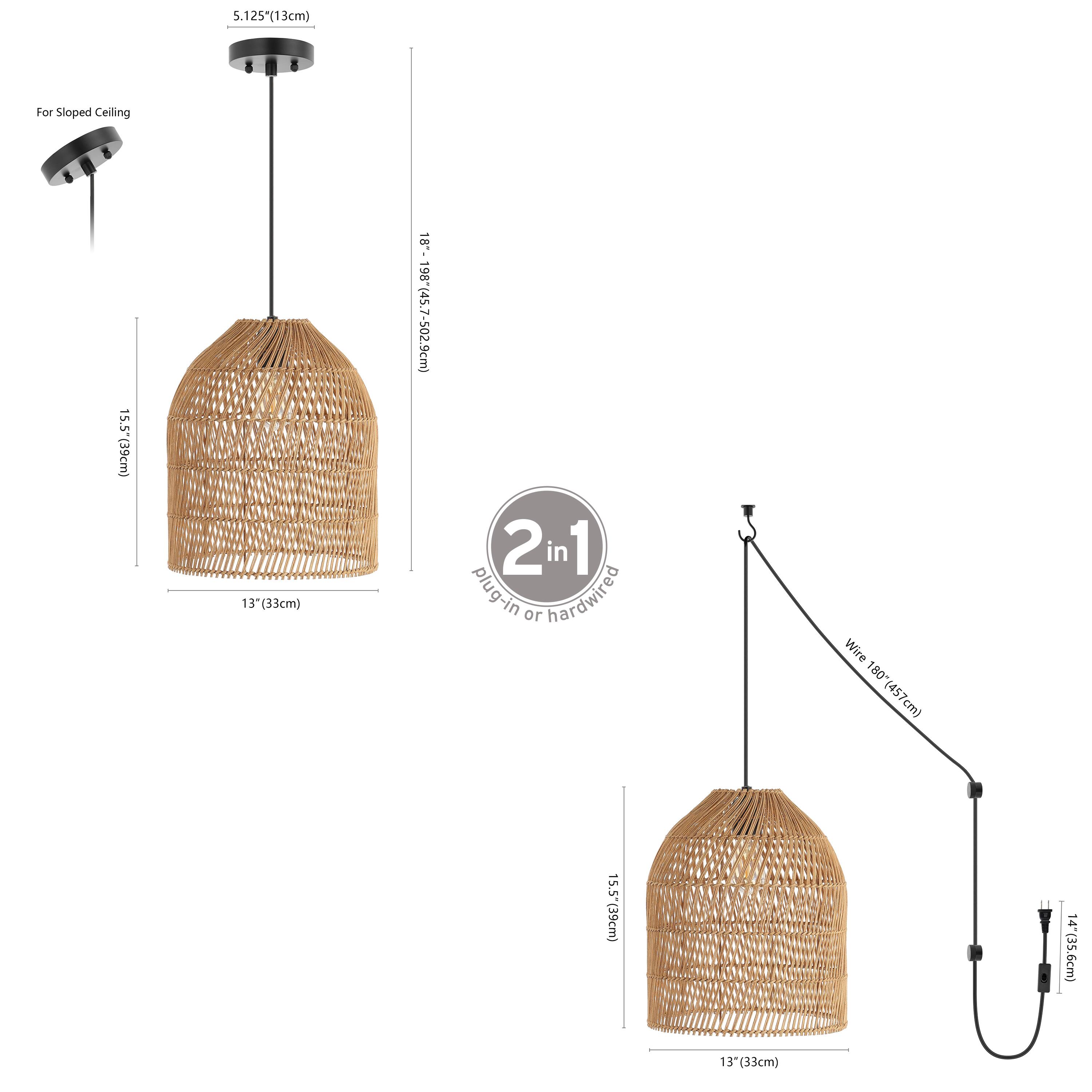 5.125" (13cm)  
3cm  
For Sloped Ceiling  
15.5" (39cm)  
13" (33cm)  
18" - 19.8" (45.7 - 50.29cm)  
2 in 1 plug-in or hardwired  
Wire 180" (457cm)  
15.5" (39cm)  
14" (35.6cm)  
13" (33cm)
