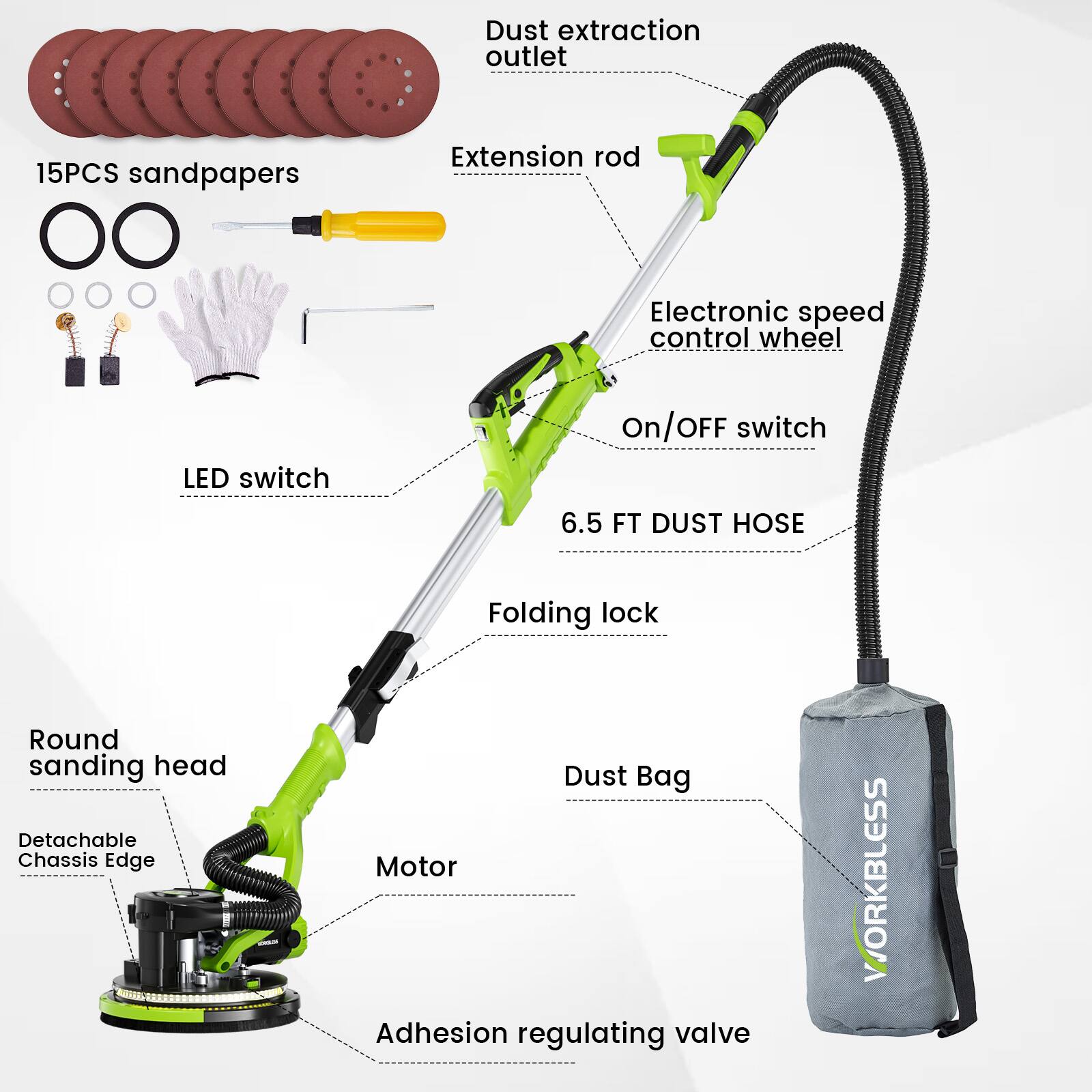 - Dust extraction outlet
- 15PCS sandpapers
- Extension rod
- Electronic speed control wheel
- LED switch
- On/OFF switch
- 6.5 FT DUST HOSE
- Folding lock
- Round sanding head
- Detachable Chassis Edge
- Motor
- Adhesion regulating valve
- Dust Bag
