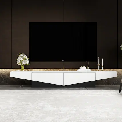 Front. Famapy - Modern Geometric TV Stand 75", Black & White Low Profile Media Console with Sliding Drawers for Living Room - White.