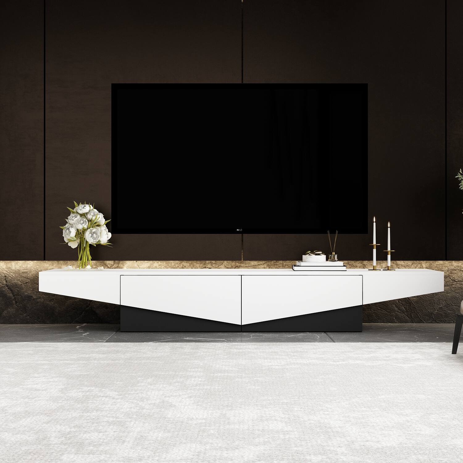 Front. Famapy - Modern Geometric TV Stand 75", Black & White Low Profile Media Console with Sliding Drawers for Living Room - White.