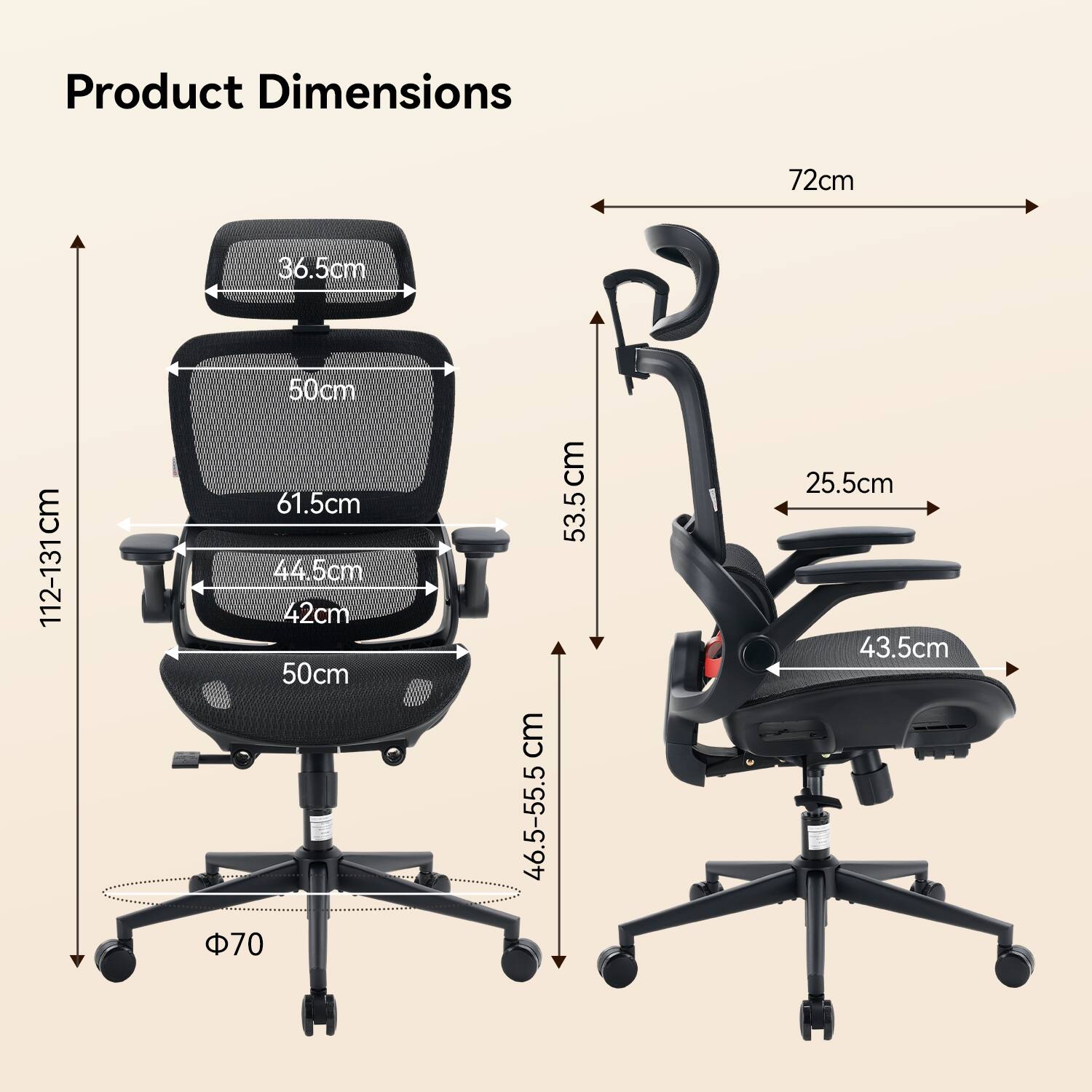 Product Dimensions:  
- 72cm  
- 36.5cm  
- 50cm  
- 61.5cm  
- 44.5cm  
- 42cm  
- 50cm  
- 112-131cm  
- 46.5-55.5cm  
- 53.5cm  
- 25.5cm  
- 43.5cm  
- 35.5cm  
- 70cm  
- Ø70