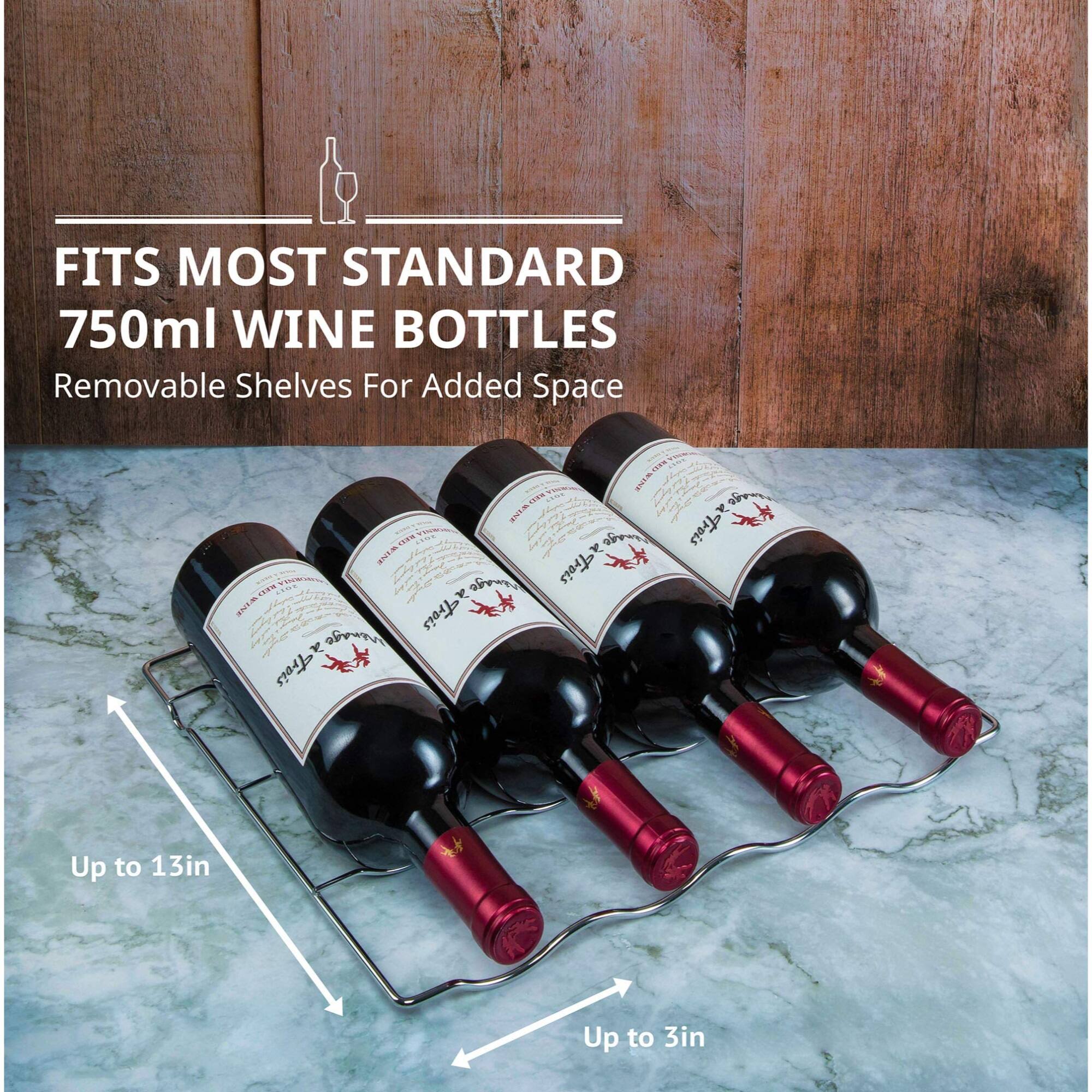 FITS MOST STANDARD 750ml WINE BOTTLES  
Removable Shelves For Added Space  

Up to 13in  
Up to 3in