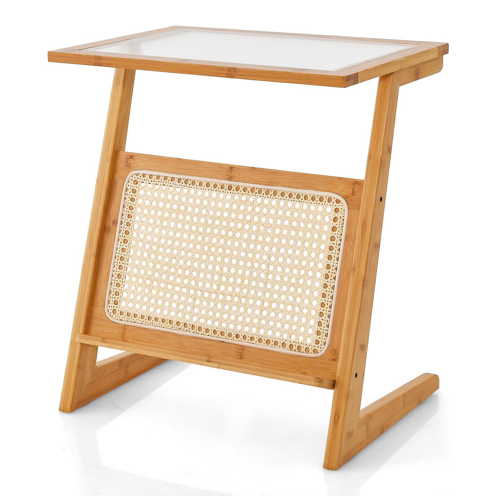 Alt View 7. Sugift - Z-shaped End Table with Magazine Rack and Rattan Shelf - Natural.