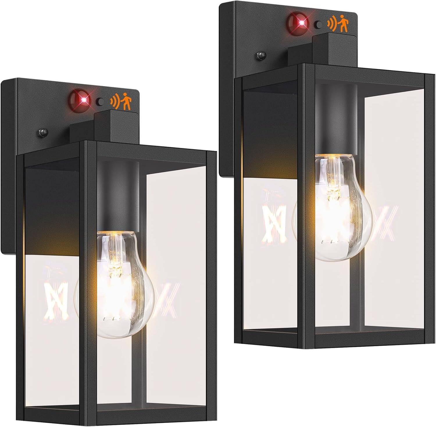 Front. Nordic Hygge - 2-Pack Upgraded Motion Sensor Outdoor Wall Lights, 10.6” Small Dusk to Dawn Porch Lights Wall Sconce Lanterns - Black.