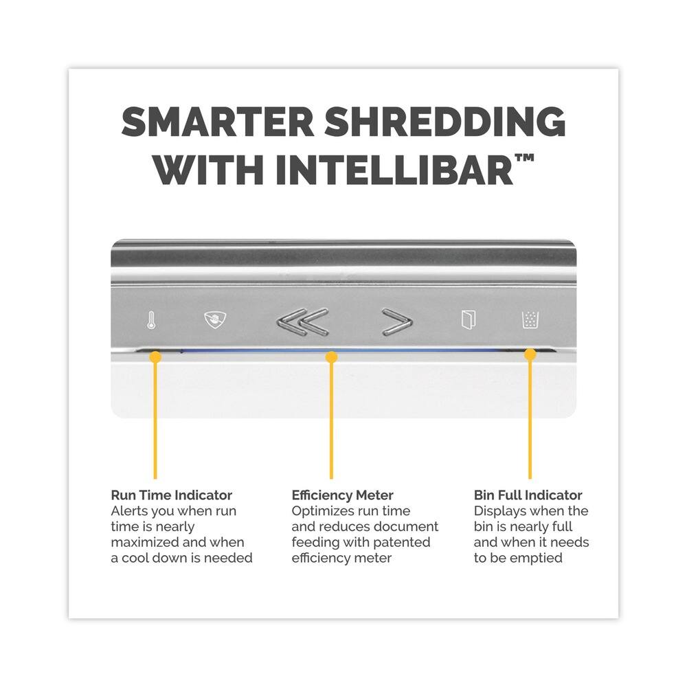 **SMARTER SHREDDING WITH INTELLIBAR™**

- **Run Time Indicator**  
  Alerts you when run time is nearly maximized and when a cool down is needed

- **Efficiency Meter**  
  Optimizes run time and reduces document feeding with patented efficiency meter

- **Bin Full Indicator**  
  Displays when the bin is nearly full and when it needs to be emptied
