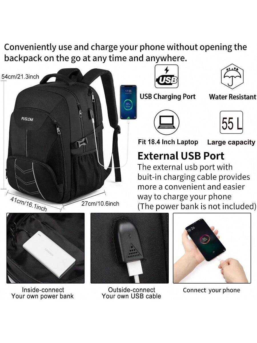 Conveniently use and charge your phone without opening the backpack on the go at any time and anywhere.

- 54cm/21.3inch
- 41cm/16.1inch
- 27cm/10.6inch

USB Charging Port
Water Resistant
Fit 18.4 Inch Laptop
Large capacity 55 L

External USB Port
The external USB port with built-in charging cable provides a more convenient and easier way to charge your phone (The power bank is not included)

Inside-connect Your own power bank
Outside-connect Your own USB cable
Connect your phone