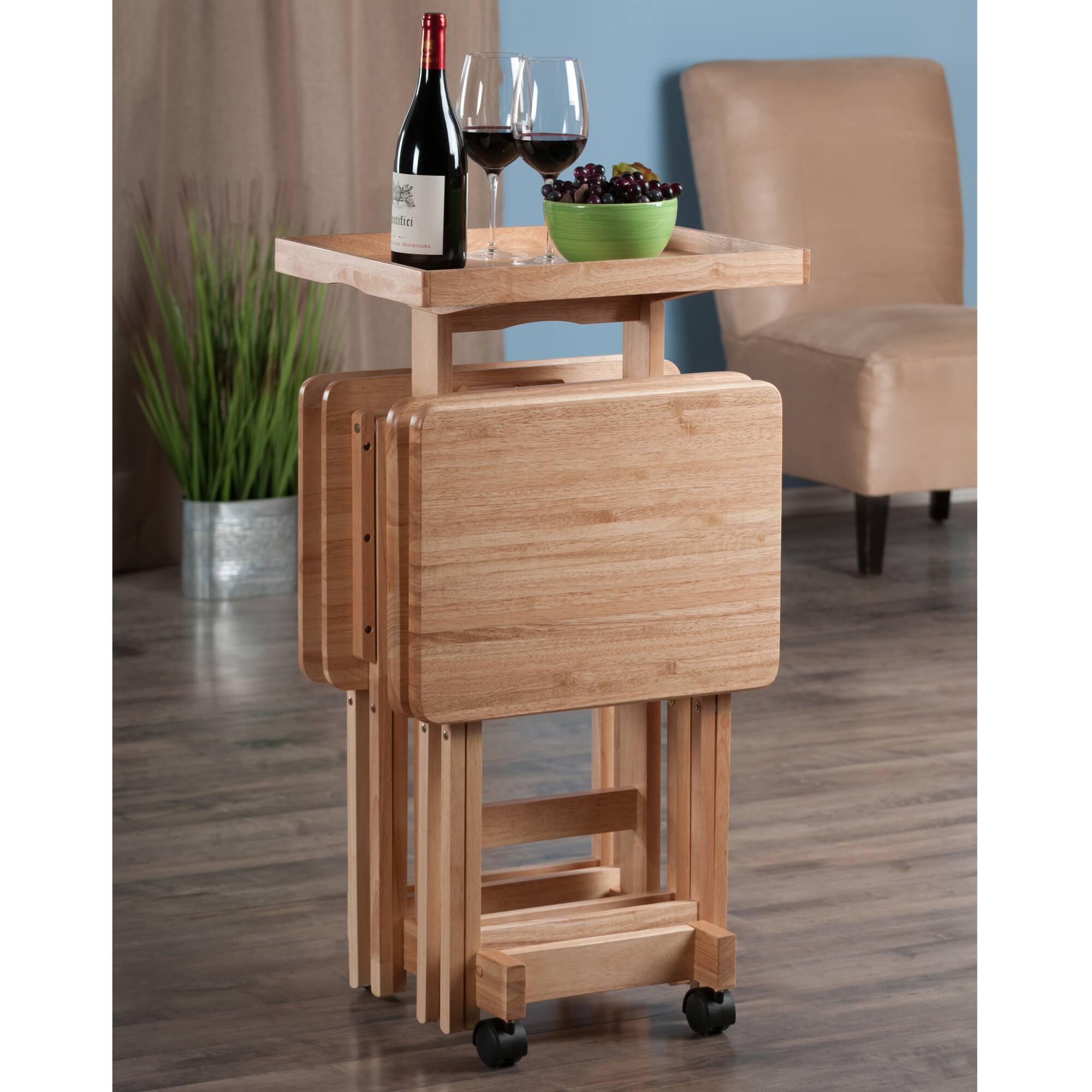 Alt View 1. Winsome Wood - Isabelle Set of 4 Snack Tables with Mobile Stand and Removable Tray - Natural.