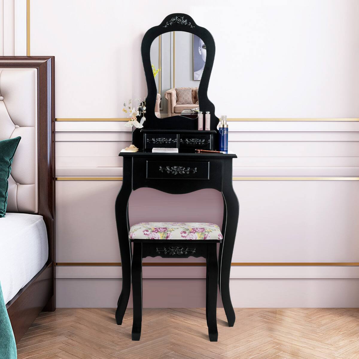 Alt View 4. Costway - Costway Vanity Wood Makeup Dressing Table Stool Jewelry Desk - Black.