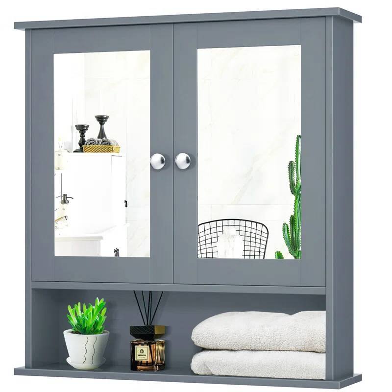 Angle. Hivvago - Grey Wood Bathroom Wall / Medicine Cabinet with Mirrored Doors and Shelf - Grey.