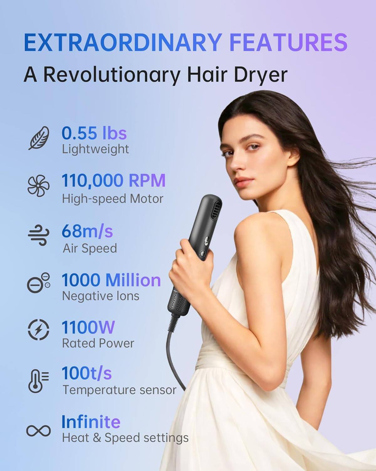 EXTRAORDINARY FEATURES  
A Revolutionary Hair Dryer  

- 0.55 lbs Lightweight  
- 110,000 RPM High-speed Motor  
- 68m/s Air Speed  
- 1000 Million Negative Ions  
- 1100W Rated Power  
- 100t/s Temperature sensor  
- Infinite Heat & Speed settings