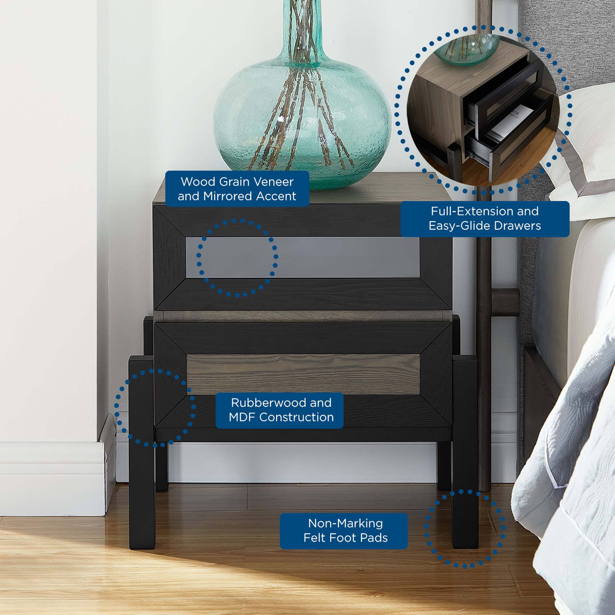 - Wood Grain Veneer and Mirrored Accent
- Full-Extension and Easy-Glide Drawers
- Rubberwood and MDF Construction
- Non-Marking Felt Foot Pads