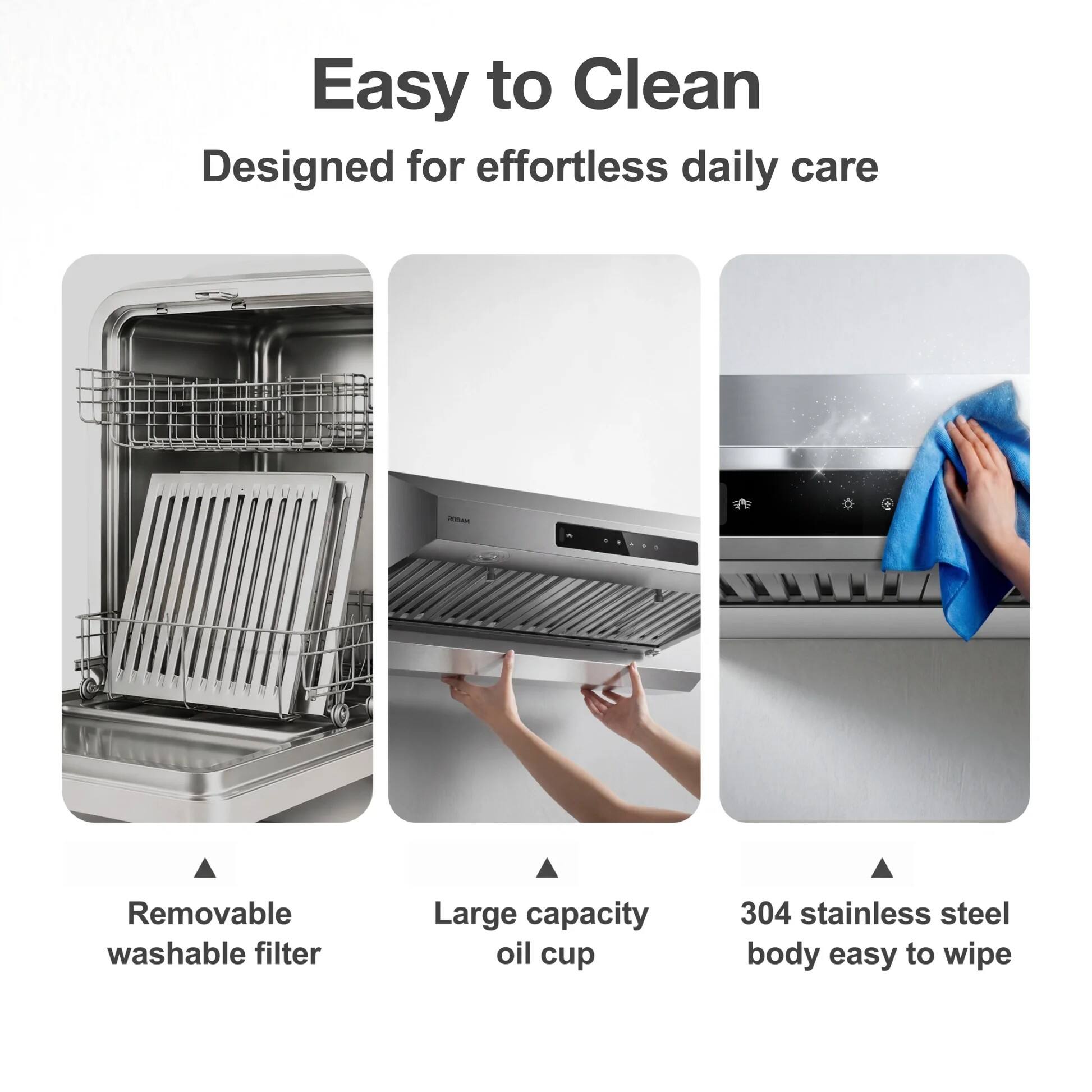 Easy to Clean  
Designed for effortless daily care

- Removable washable filter
- Large capacity oil cup
- 304 stainless steel body easy to wipe