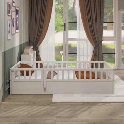 Front. GOODSILO - Twin Size Floor Bed with Safety Barrier and Door for Children, Montessori Inspired Wooden Frame - White.